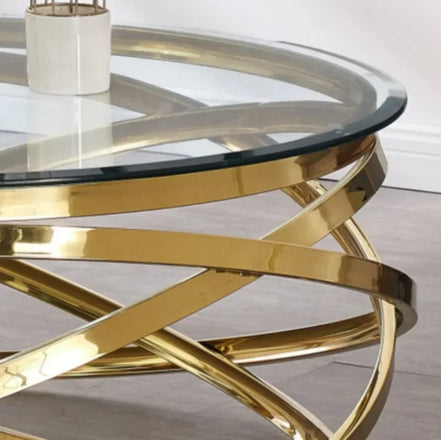 --Stainless steel frame living room side table golden glass top round coffee table modern sets clear fashion indoor