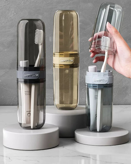 Essential travel must-have: portable toothbrush cup, toothbrush and dental care set, transparent toiletries set storage box