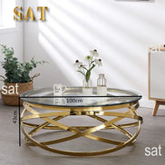 --Stainless steel frame living room side table golden glass top round coffee table modern sets clear fashion indoor