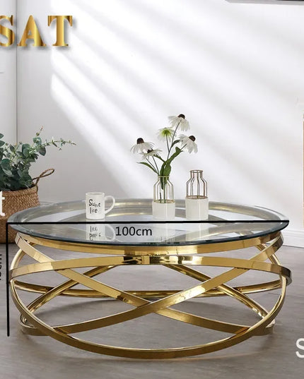 --Stainless steel frame living room side table golden glass top round coffee table modern sets clear fashion indoor