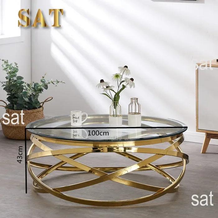 --Stainless steel frame living room side table golden glass top round coffee table modern sets clear fashion indoor