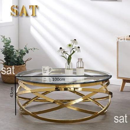 --Stainless steel frame living room side table golden glass top round coffee table modern sets clear fashion indoor