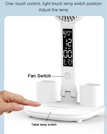Rechargeable Table Lamp for Study, Desk Lamp Reading Light Led Table Light with Fan, Led Clock Dispaly Reading Lamp