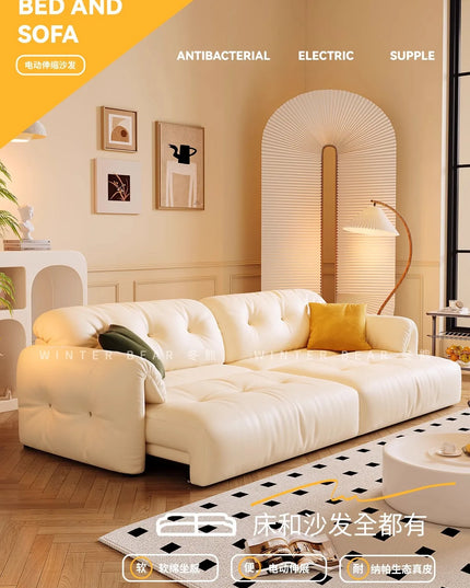Cloud Retractable Sofa French Cream Wind Straight Row Multi-functional Reclining And Sleeping Leather Electric Sofa