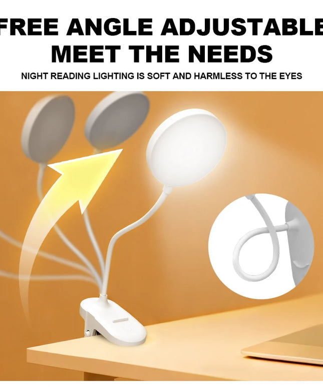 LED Portable Clip Table Lamp USB Rechargeable Clip Desk Lamp Bed Reading Night Light Touch 3 Dimming Modes Eye Protection Light