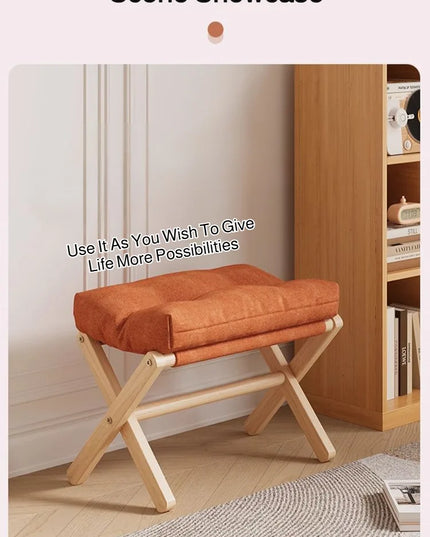 Solid Wood Shoe Changing Stool Footstool Sofa Rest Footstool, Folding Low Stool for The Entryway, Cotton-filled Cushion Stool