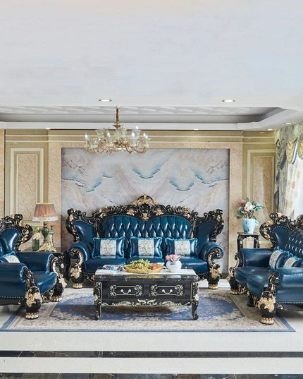 European Royal Luxury Villa Living Room Sofa Set Large Sized Solid Wood Carving with Noble Gold Finish for Hotels