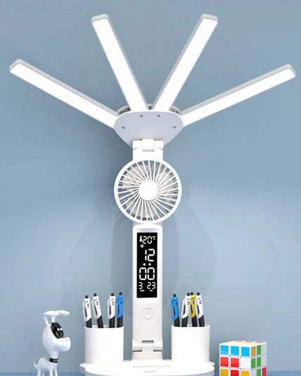 Rechargeable Table Lamp for Study, Desk Lamp Reading Light Led Table Light with Fan, Led Clock Dispaly Reading Lamp