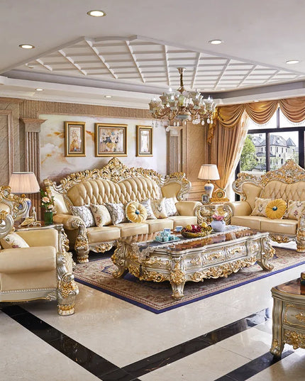 European Royal Luxury Villa Living Room Sofa Set Large Sized Solid Wood Carving with Noble Gold Finish for Hotels