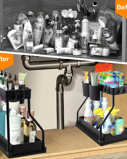 Under Sink Organizer Space Saving 2 Tier Pull Out Storage Box Durable Large Capacity Kitchen Bathroom Essential Drawer Organizer
