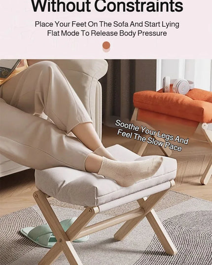 Solid Wood Shoe Changing Stool Footstool Sofa Rest Footstool, Folding Low Stool for The Entryway, Cotton-filled Cushion Stool