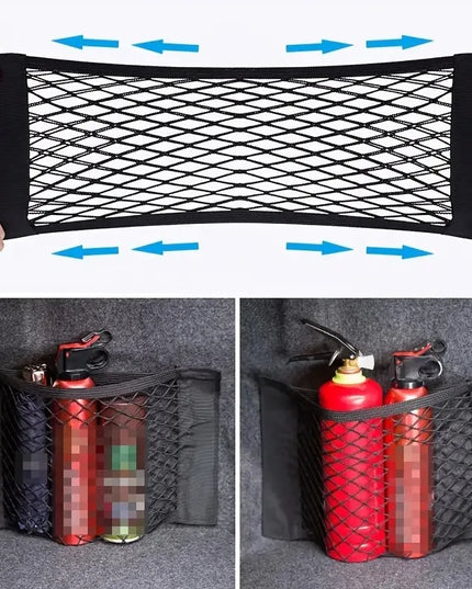 1pc Universal Car Storage Bag Double Mesh Trunk Storage Net Car Built-in Storage Bag with Car Fire Extinguisher Fixed Net