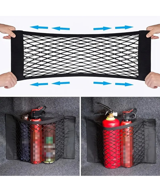 1pc Universal Car Storage Bag Double Mesh Trunk Storage Net Car Built-in Storage Bag with Car Fire Extinguisher Fixed Net