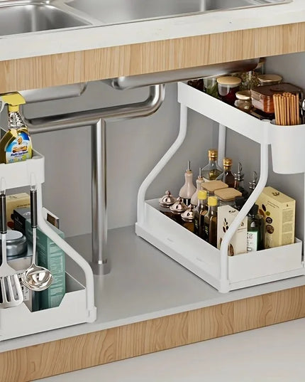 Under Sink Organizer Space Saving 2 Tier Pull Out Storage Box Durable Large Capacity Kitchen Bathroom Essential Drawer Organizer