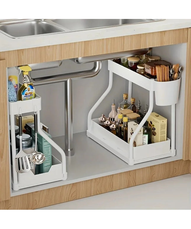 Under Sink Organizer Space Saving 2 Tier Pull Out Storage Box Durable Large Capacity Kitchen Bathroom Essential Drawer Organizer