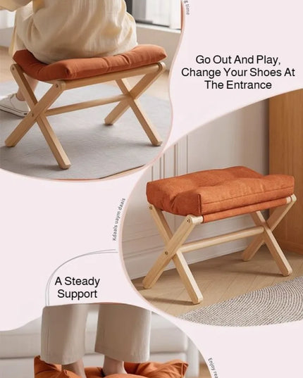 Solid Wood Shoe Changing Stool Footstool Sofa Rest Footstool, Folding Low Stool for The Entryway, Cotton-filled Cushion Stool