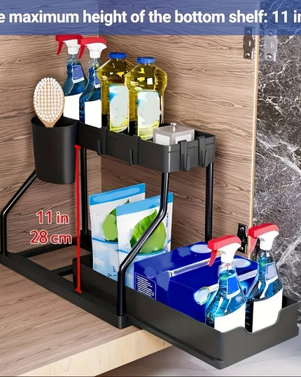 Under Sink Organizer Space Saving 2 Tier Pull Out Storage Box Durable Large Capacity Kitchen Bathroom Essential Drawer Organizer