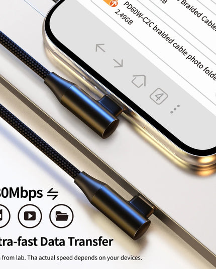 USB-C to Type-C 60W 3A Fast Charging Cable, 90° Angled Design, Nylon Braided. For Type-C phones/tablets/headphones. 25cm/50cm/1m