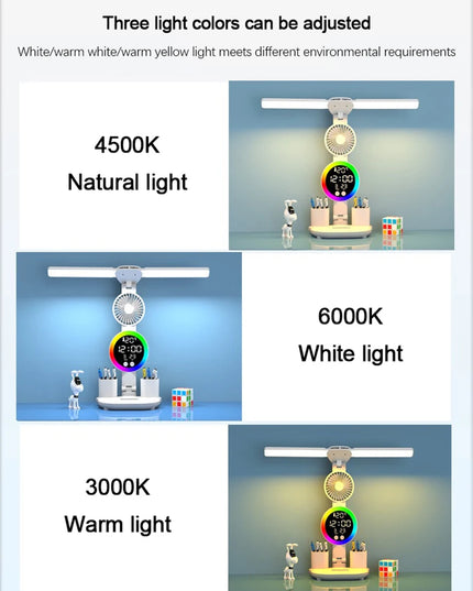 Rechargeable Led Table Lamp for Study Desk Lamp Reading Light Led Night Light with Fan Led Clock Dispaly Reading Desk Light