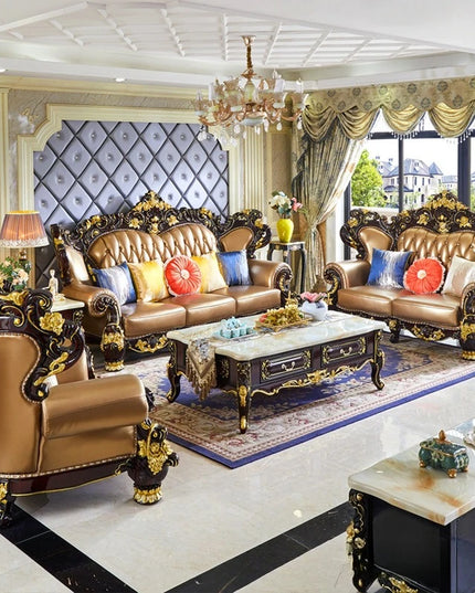 European Royal Luxury Villa Living Room Sofa Set Large Sized Solid Wood Carving with Noble Gold Finish for Hotels