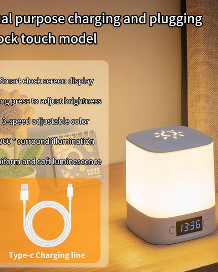 LED Night Lamp Rechargeable Table Lamp Clock Display Soft Sleeping Lamp Touch Switch Bedside Lamp for Bedroom Decor