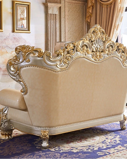 European Royal Luxury Villa Living Room Sofa Set Large Sized Solid Wood Carving with Noble Gold Finish for Hotels