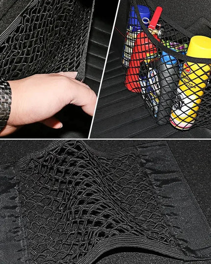 1pc Universal Car Storage Bag Double Mesh Trunk Storage Net Car Built-in Storage Bag with Car Fire Extinguisher Fixed Net