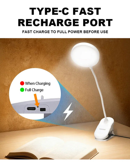 LED Portable Clip Table Lamp USB Rechargeable Clip Desk Lamp Bed Reading Night Light Touch 3 Dimming Modes Eye Protection Light