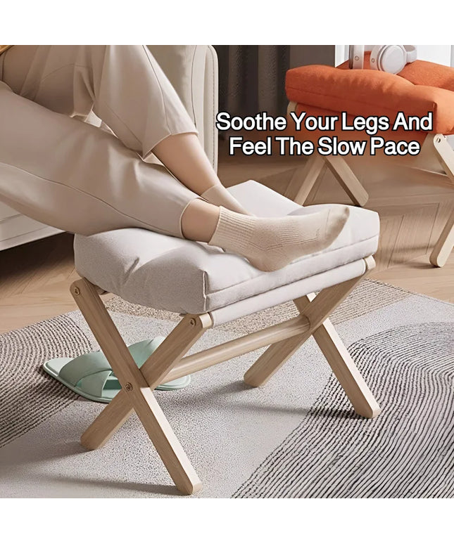 Solid Wood Shoe Changing Stool Footstool Sofa Rest Footstool, Folding Low Stool for The Entryway, Cotton-filled Cushion Stool
