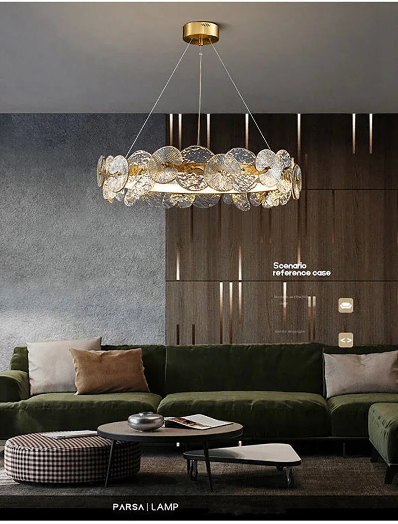 Modern LED Chandelier Lamp For Living Room Bedroom Dining Kitchen Ceiling Lights Ring Glass Flower Design Suspension Light