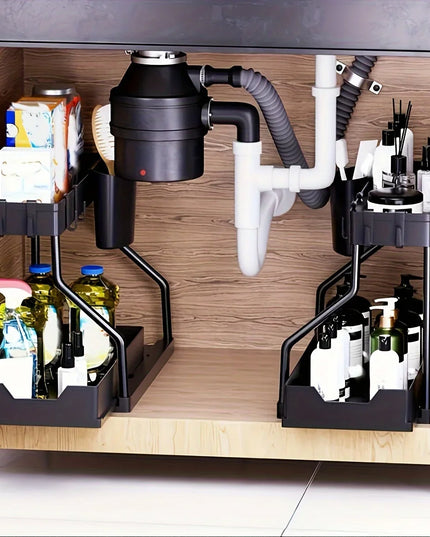 Under Sink Organizer Space Saving 2 Tier Pull Out Storage Box Durable Large Capacity Kitchen Bathroom Essential Drawer Organizer