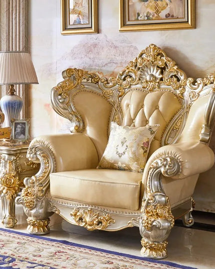 European Royal Luxury Villa Living Room Sofa Set Large Sized Solid Wood Carving with Noble Gold Finish for Hotels