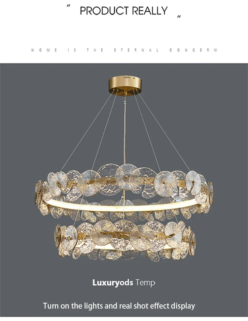 Modern LED Chandelier Lamp For Living Room Bedroom Dining Kitchen Ceiling Lights Ring Glass Flower Design Suspension Light