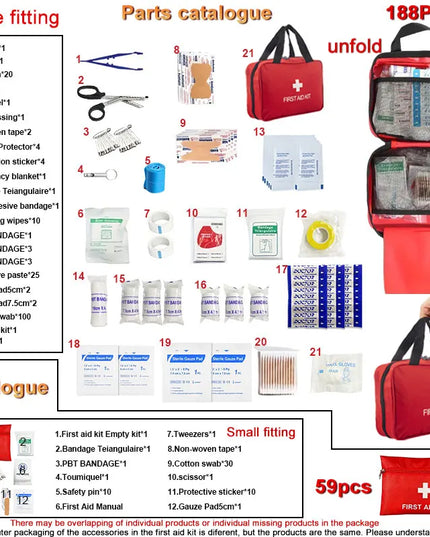 First Aid Kit - 188 pcs - for car, home, travel, camping, office or sport, fully stocked with emergency and survival essentials
