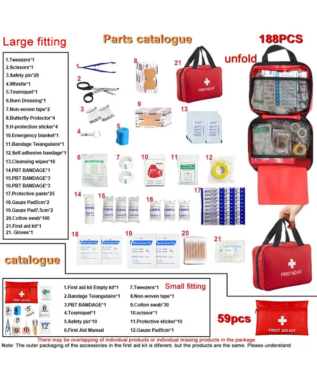 First Aid Kit - 188 pcs - for car, home, travel, camping, office or sport, fully stocked with emergency and survival essentials