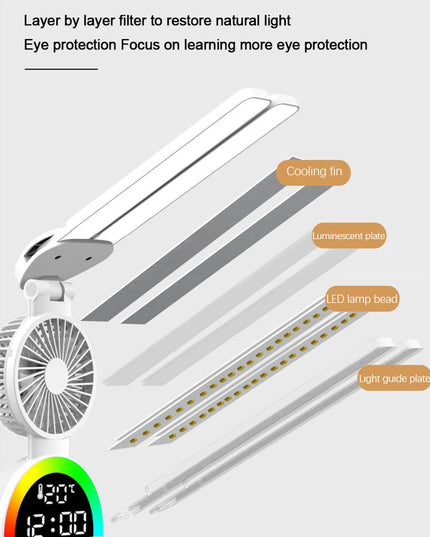 Rechargeable Led Table Lamp for Study Desk Lamp Reading Light Led Night Light with Fan Led Clock Dispaly Reading Desk Light