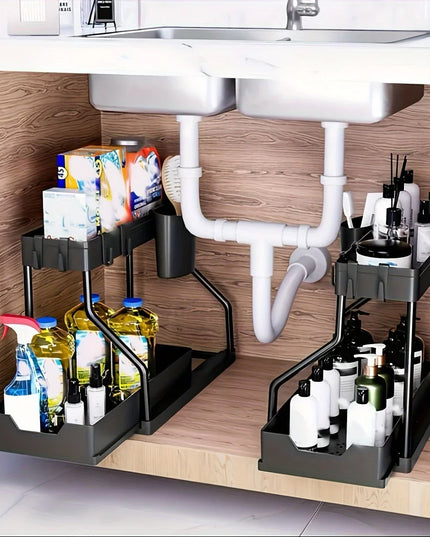 Under Sink Organizer Space Saving 2 Tier Pull Out Storage Box Durable Large Capacity Kitchen Bathroom Essential Drawer Organizer