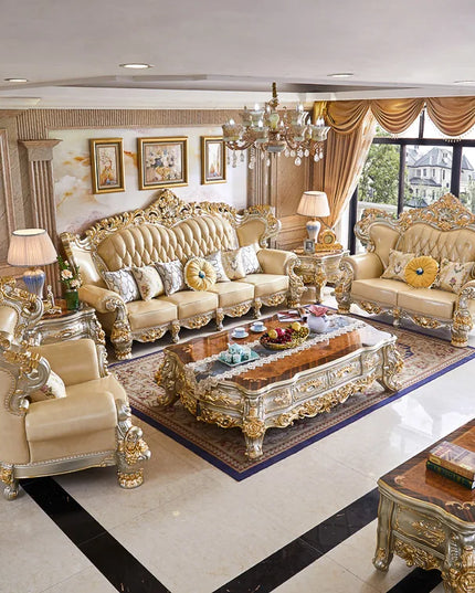European Royal Luxury Villa Living Room Sofa Set Large Sized Solid Wood Carving with Noble Gold Finish for Hotels