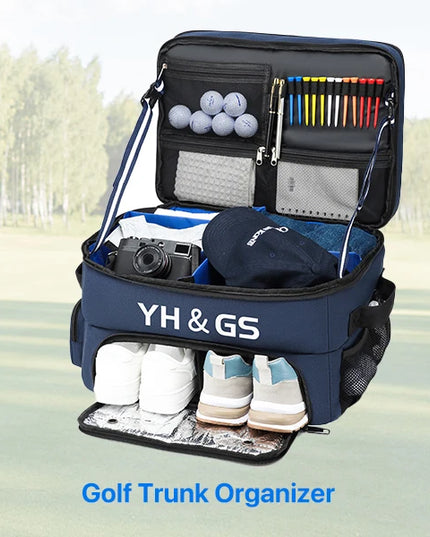 Golf Trunk Organizer Golf Shoes Bag With Large Golf Storage Box for Balls Tees Clothes Gloves Accessories ﻿with Shoe Compartment