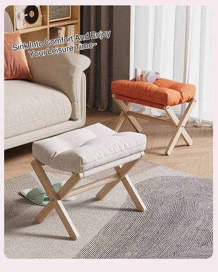 Solid Wood Shoe Changing Stool Footstool Sofa Rest Footstool, Folding Low Stool for The Entryway, Cotton-filled Cushion Stool