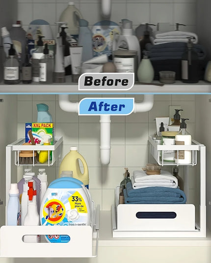 Under Sink Kitchen Storage Rack Set - Sliding Metal Drawer Organizer for Bathroom, Pantry, and Cabinets  Essential for Home Use