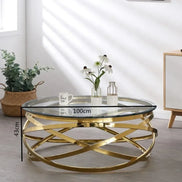 --Stainless steel frame living room side table golden glass top round coffee table modern sets clear fashion indoor