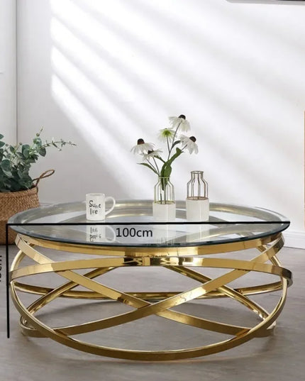 --Stainless steel frame living room side table golden glass top round coffee table modern sets clear fashion indoor