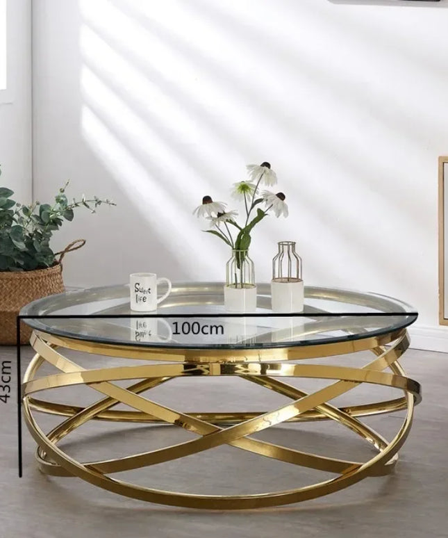 --Stainless steel frame living room side table golden glass top round coffee table modern sets clear fashion indoor