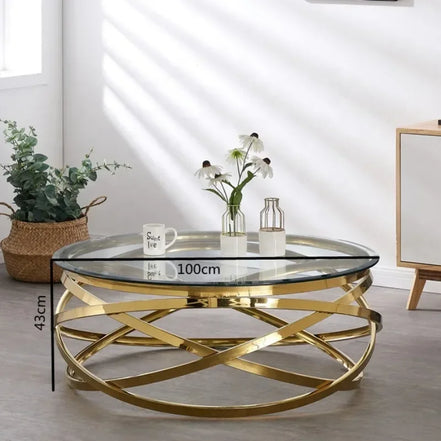 --Stainless steel frame living room side table golden glass top round coffee table modern sets clear fashion indoor