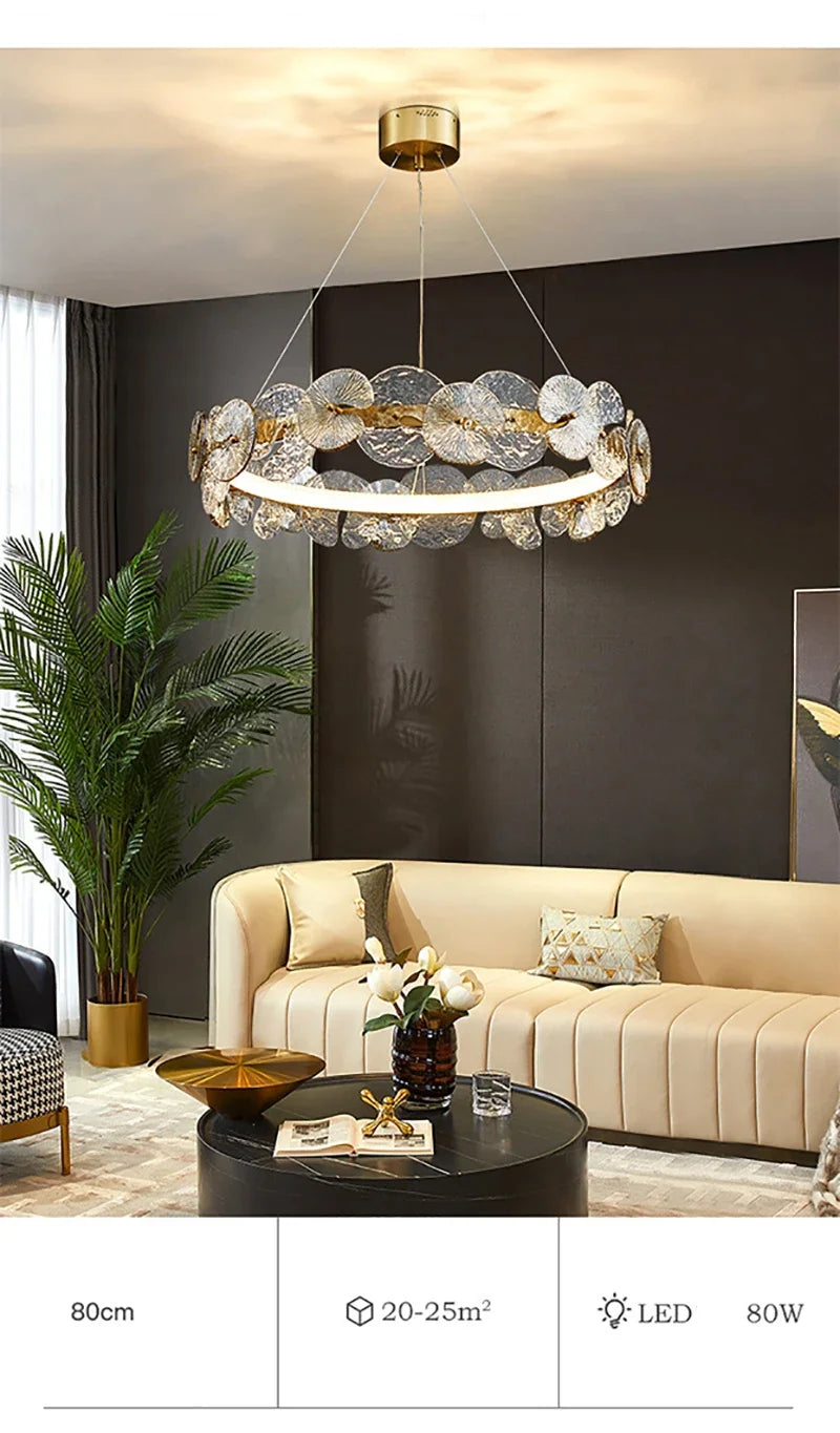 Modern LED Chandelier Lamp For Living Room Bedroom Dining Kitchen Ceiling Lights Ring Glass Flower Design Suspension Light