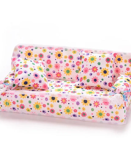 1 Set Cute Miniature Doll House Furniture Flower Cloth Sofa With 2 Cushions Pretend Play For Doll Kids Play House Toys