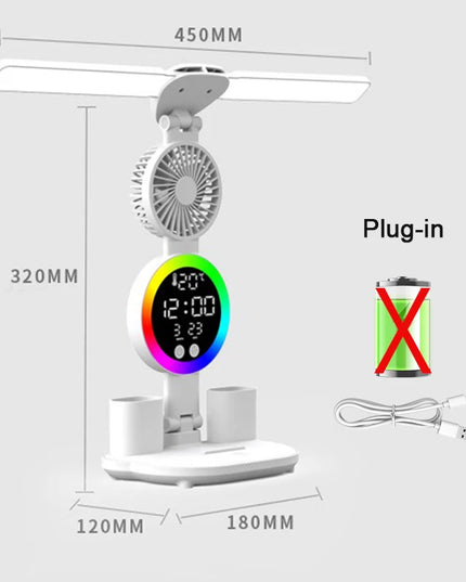 Rechargeable Led Table Lamp for Study Desk Lamp Reading Light Led Night Light with Fan Led Clock Dispaly Reading Desk Light
