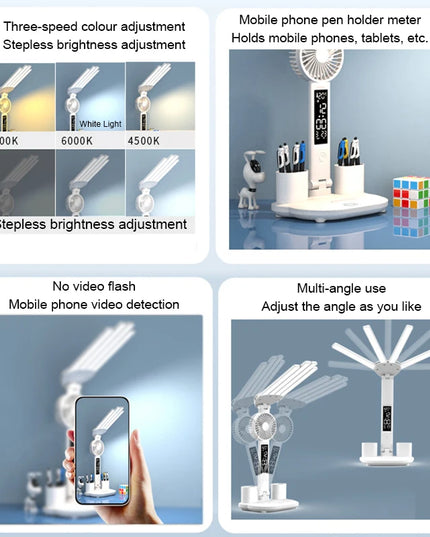Rechargeable Table Lamp for Study, Desk Lamp Reading Light Led Table Light with Fan, Led Clock Dispaly Reading Lamp