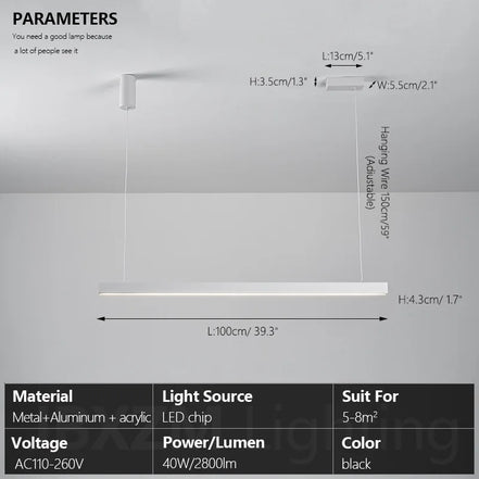 Modern LED linear chandelier for dining room office white bar pendant lights kitchen island lighting black minimalist lamp